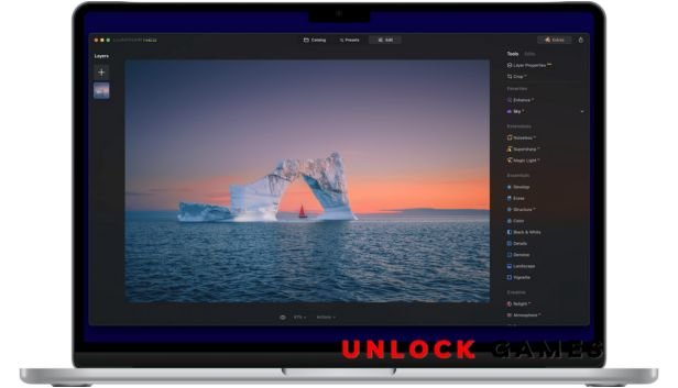 Screenshot of Luminar AI for Mac showing the editing workspace with AI-powered tools like SkyAI, Portrait Enhancer, and Templates panel, demonstrating an intuitive and user-friendly interface on macOS.